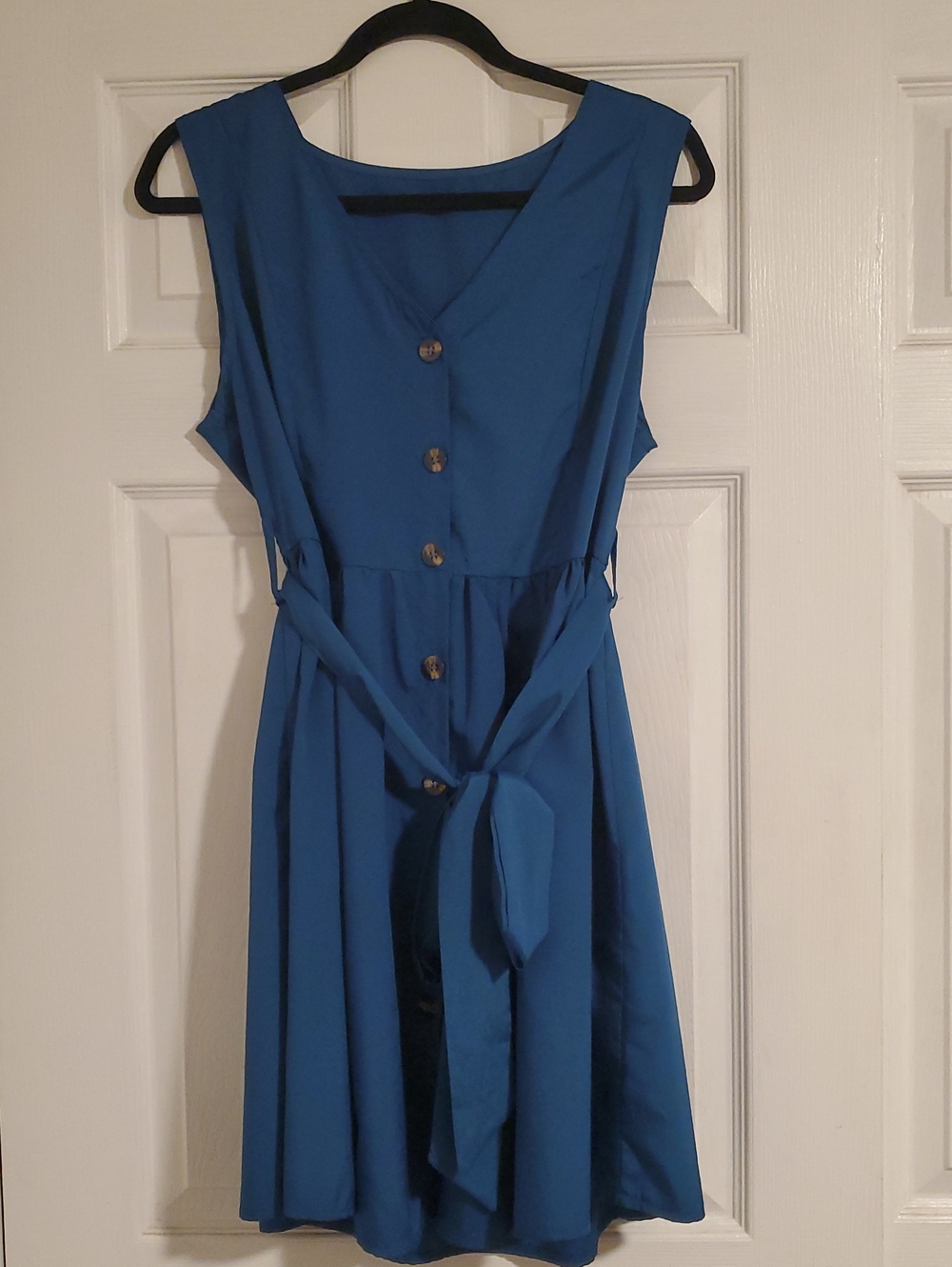 Sleeveless Blue Button-Front Tie-Waist Dress